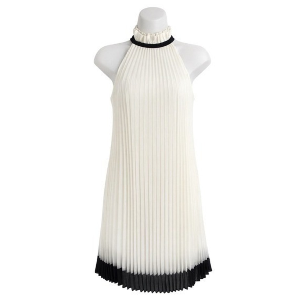 White House Black Market Size 2 Ivory Pleated Halter Dress Contrast Hem